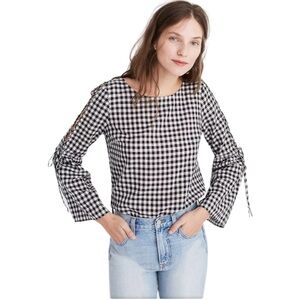 MADEWELL Gingham Lace-Up Bell-Sleeve Top